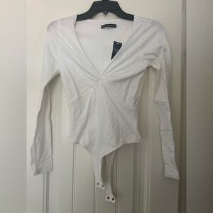 Abercrombie & Fitch White Ruched Long Sleeve Bodysuit